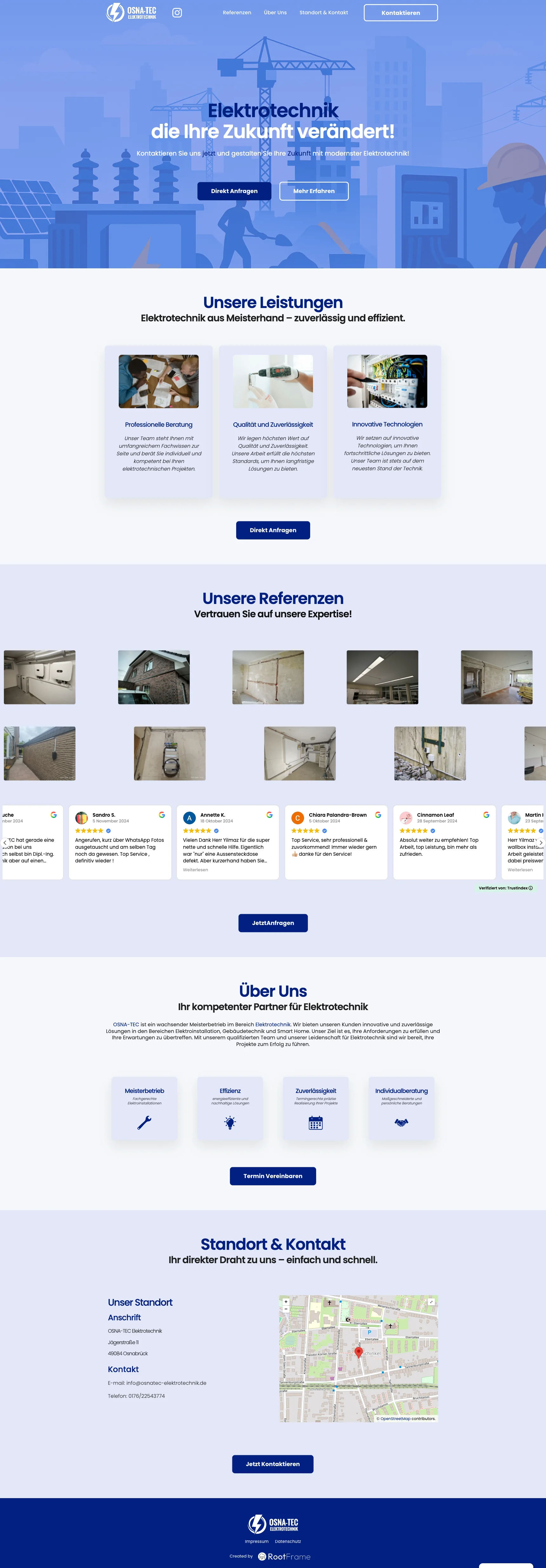 Screenshot der neuen OSNA-TEC-Elektrotechnik-Website mit blauem Hero, Leistungsübersicht, Referenzgalerie und Kontaktbereich.