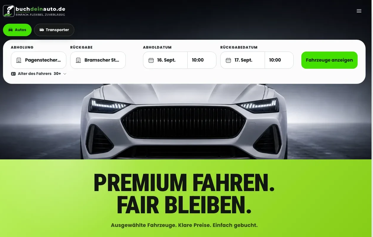 Startbereich der buchdeinauto.de-Web-App mit Buchungsmaske, Premiumfahrzeug und dem Leitsatz „Premium fahren. Fair bleiben.“