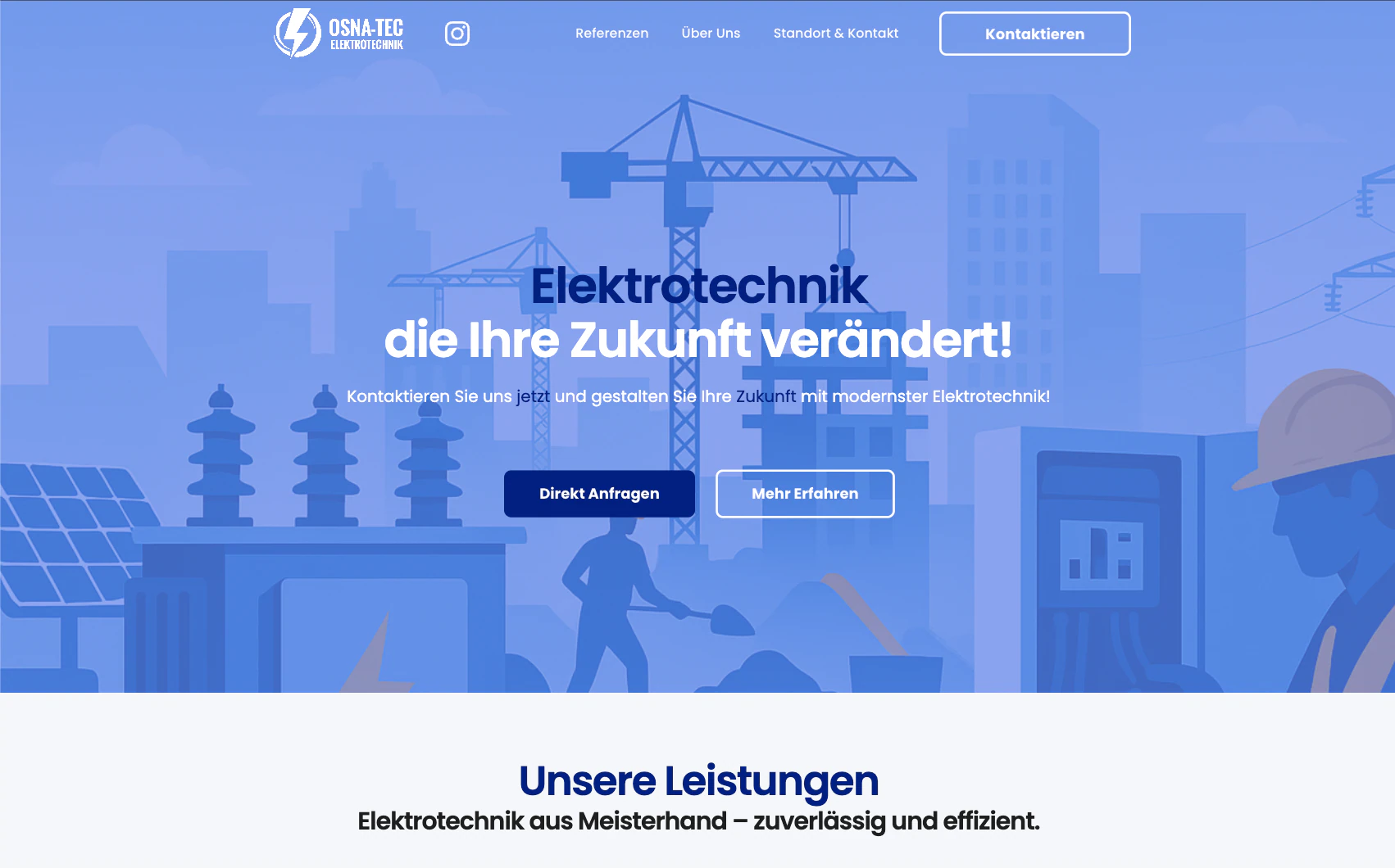 Startbereich der neuen OSNA-TEC-Website mit Elektrotechnik-Motiv und Leistungsübersicht.